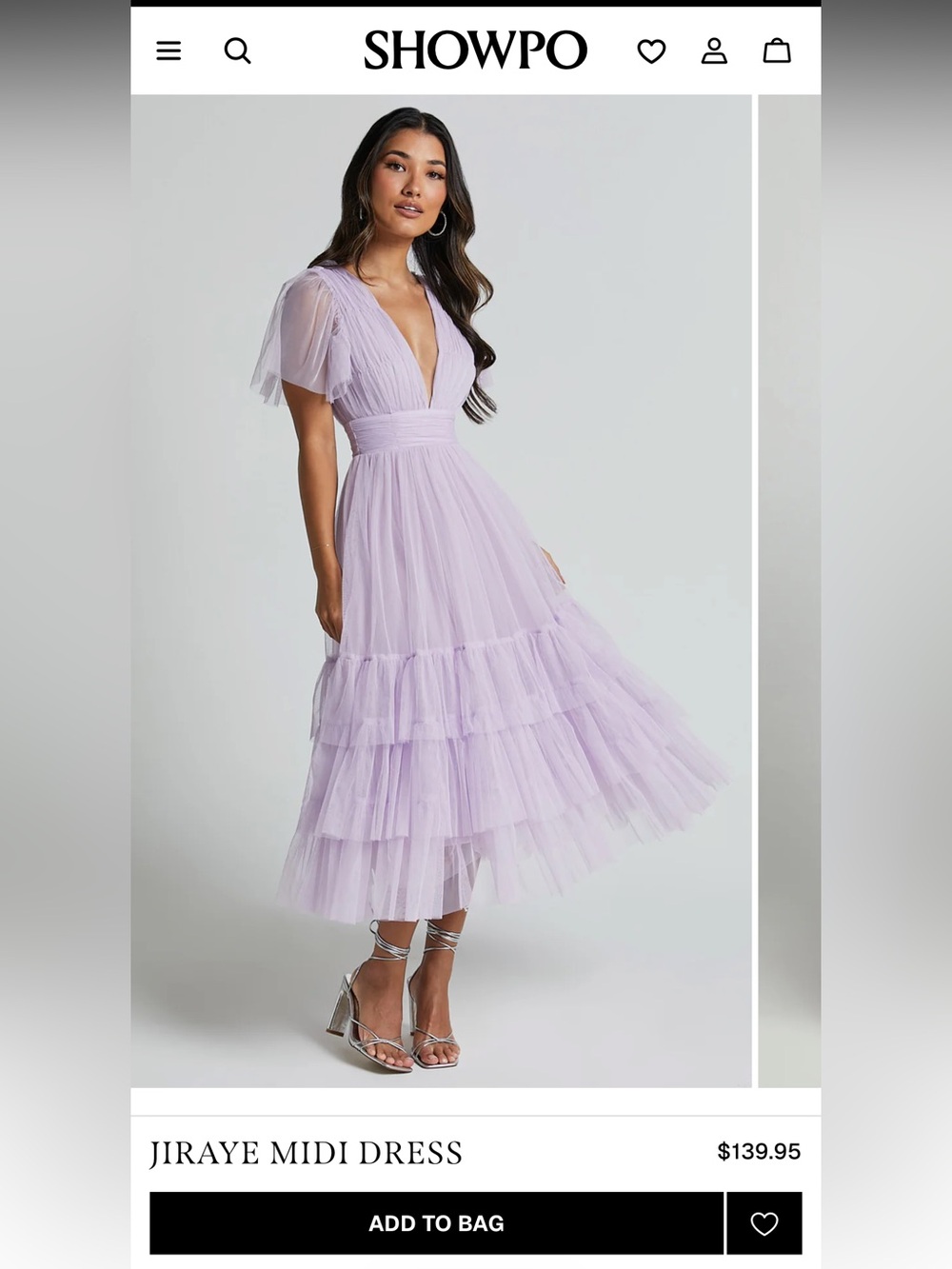 Showpo Jiraye Midi Dress - Flutter Sleeve Tulle Plunge Dress in Lilac Size 4